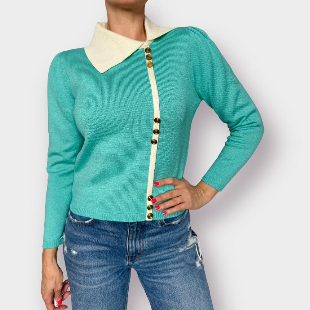 80s Vivanti aqua Sweater w/ Buttons - Picture 2 of 6